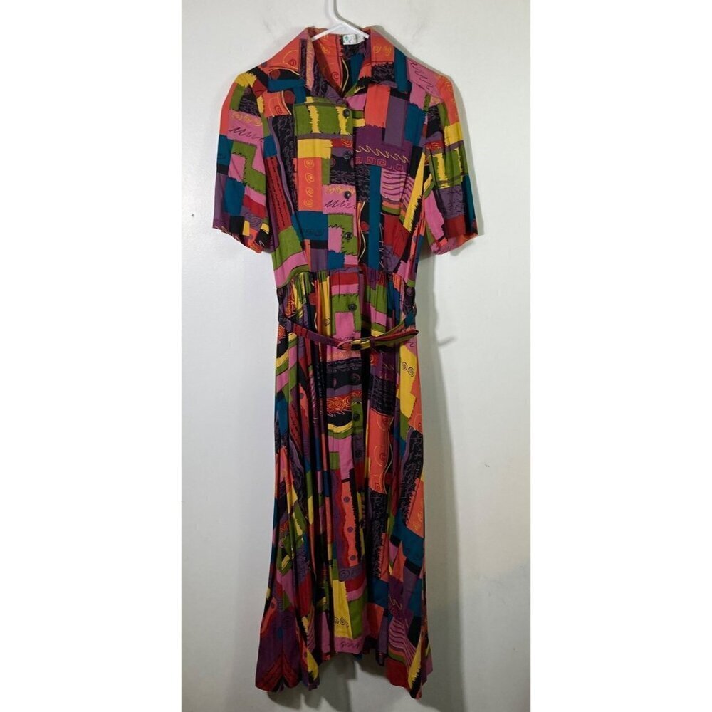 Womens Vintage Perfection Fit & Flare Art To Wear Belted Dress XS